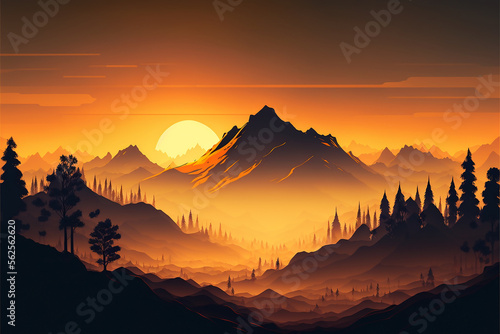 Misty landscape formed by the silhouettes of multiple layers of mountains at sunset created with Generative AI technology.