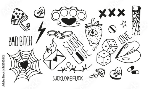 Set of broken heart stickers. Anti-valentine day. Black tattoo elements collection. Heart, Patch, gun, wire, poison, knife, eye. Doodle style clipart. Vector. For print and web design. 