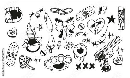Set of broken heart stickers. Anti-valentine day. Black tattoo elements collection. Heart, Patch, gun, wire, poison, knife, eye. Doodle style clipart. Vector. For print and web design. 
