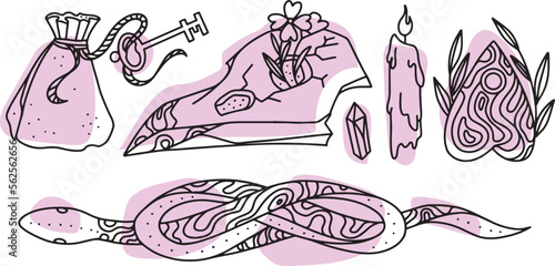 Mystical magical elements in the boho style. Esoteric set for stickers, notebooks, cards. Hand-drawn tattoo sketches in a modern style. Vector skull, snake, candles, magical elements for occultism.