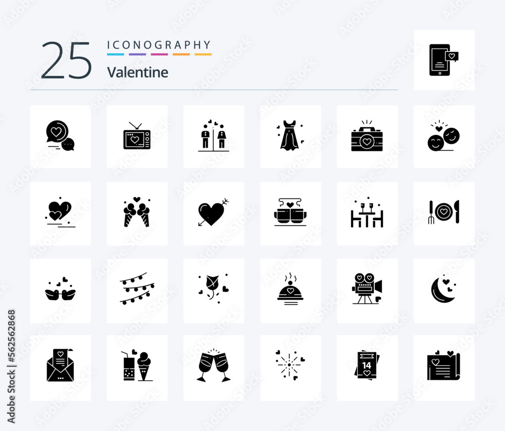 Valentine 25 Solid Glyph icon pack including girl. couple. movie. women. love
