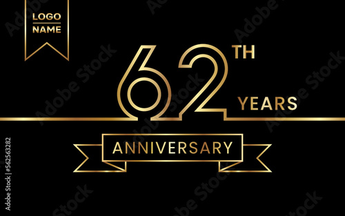 62th Anniversary template design concept with golden text and ribbon. Vector Template Illustration