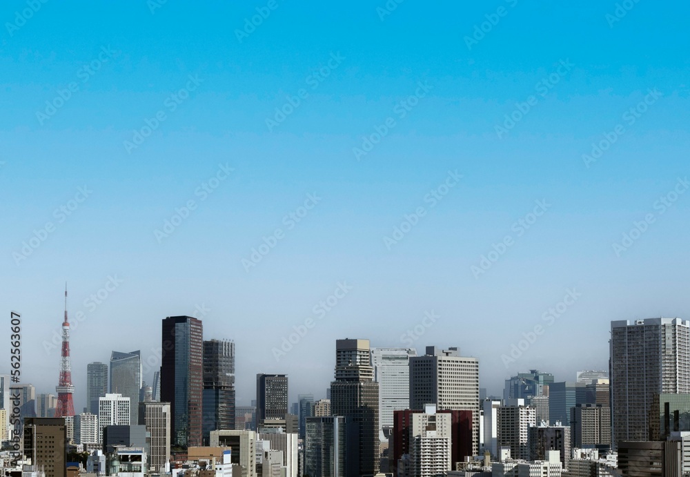 東京の街並みと東京タワー、上空撮影、東京のビル群