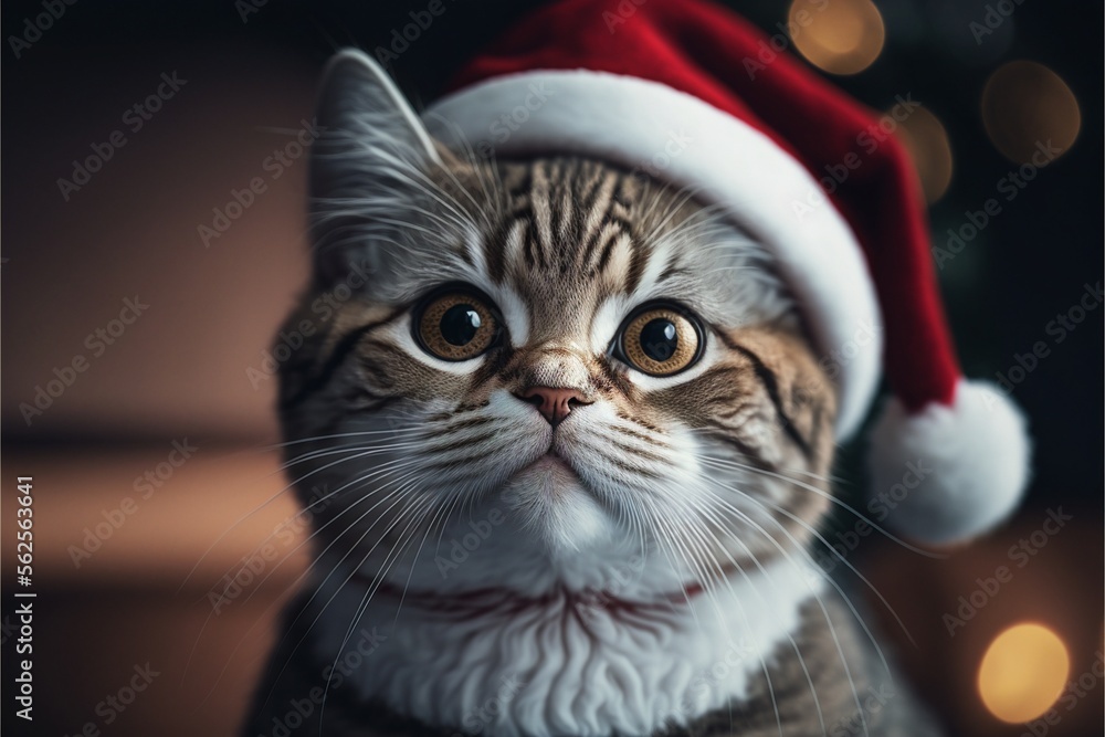 Cat in Christmas hat amid Christmas background created with generative AI technology Cat in Christmas hat amid Christmas background created with generative AI technology