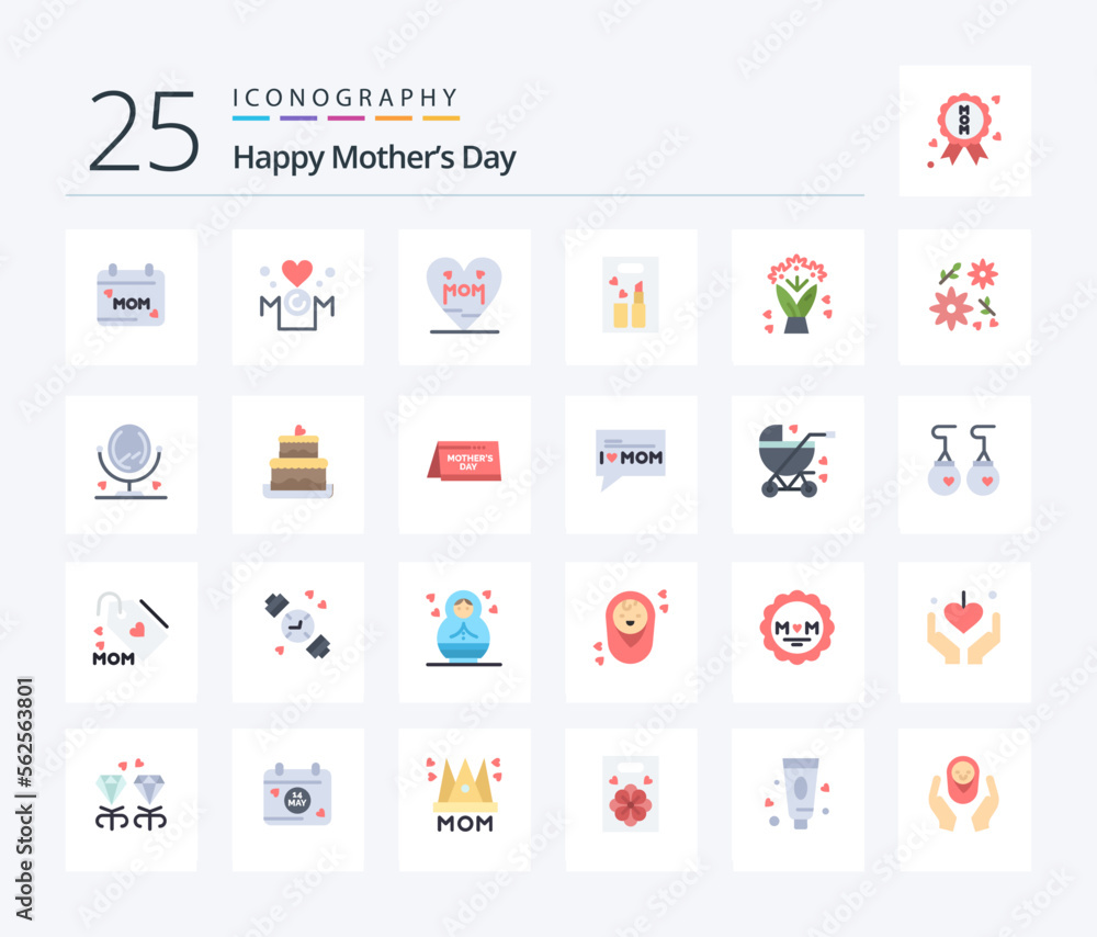 Happy Mothers Day 25 Flat Color icon pack including bouquet. cosmetics. mother. beauty. mother