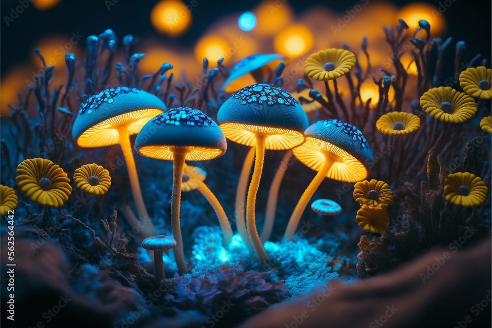 Blue and yellow glowing mushrooms in the dark created with generative ...