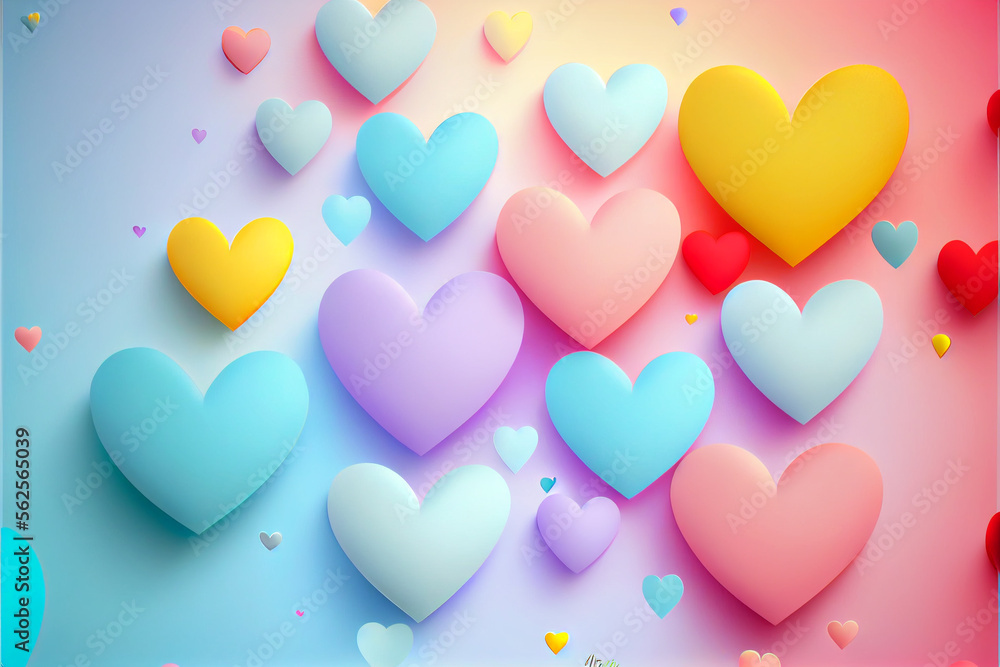 Beautiful abstract hearts background with gradient pastel color. Generative AI illustration