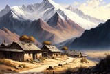 illustration, indian hamlet, with mountains in the background, AI image