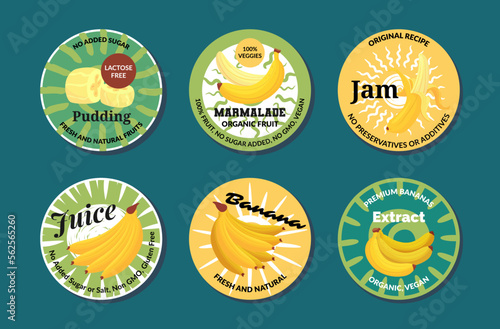 Banana jam pudding marmalade juice extract fresh natural dessert circle emblem set vector