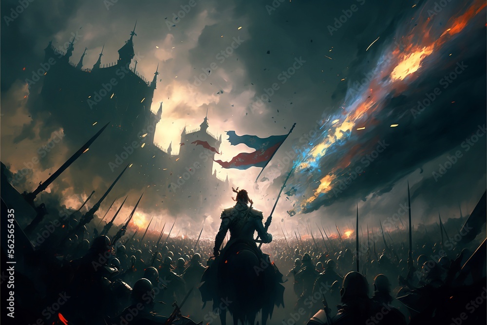 Huge and epic medieval battle, digital painting style, generative AI - obrazy, fototapety, plakaty 