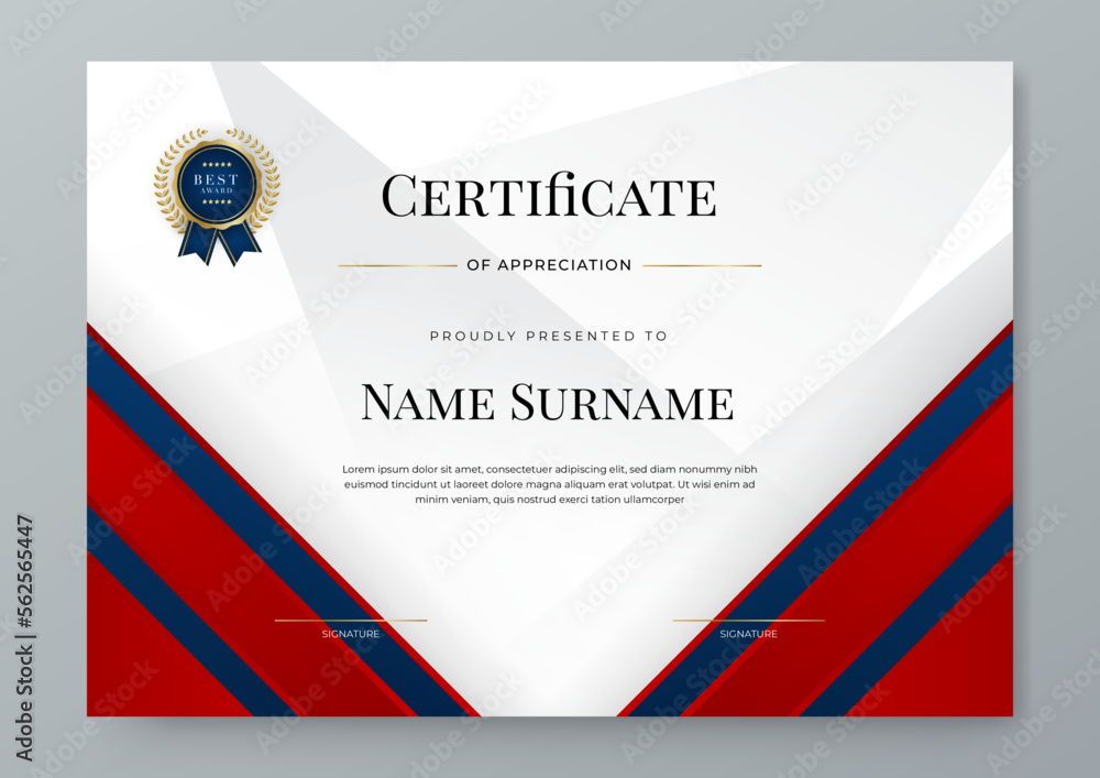 Blue and red certificate of achievement template with gold badge and ...