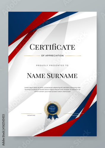 Modern elegant blue and red award business certificate design template in A4 portrait orientation