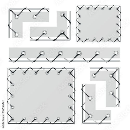 Banner cord stretched on frame border and corner with grommet set realistic vector illustration