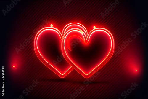 Two neon red hearts background. Valentine s day romantic generative AI illustration