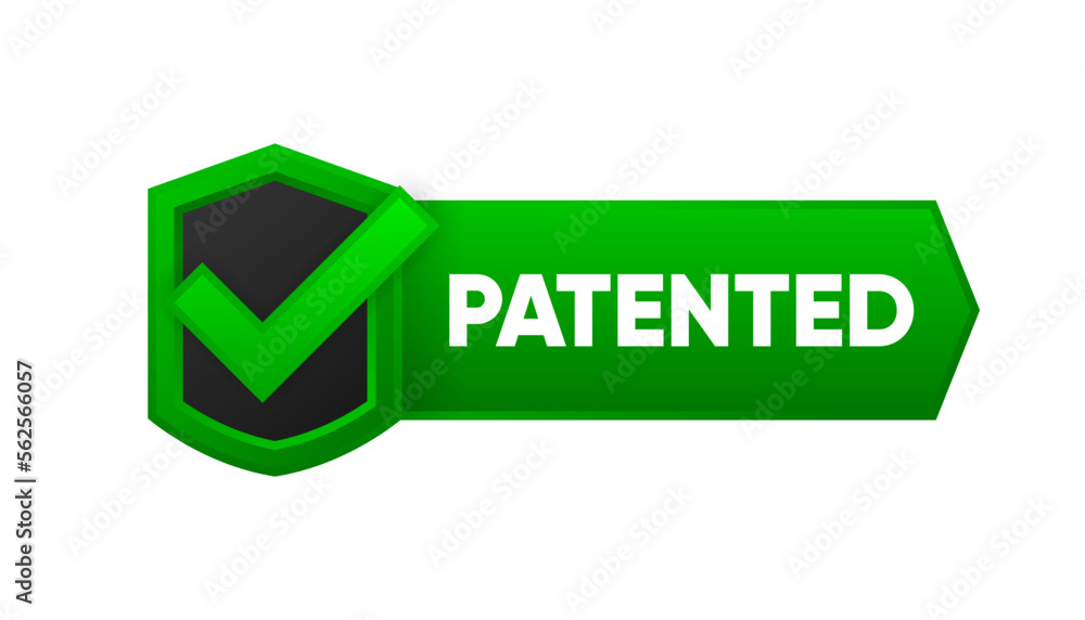 Green Patented label on a white background. Patent banner badge. Patented licensed badge label with check mark. Vector illustration. Green Patented label on a white background. Patent banner badge. Patented licensed badge label with check mark. Vector illustration.