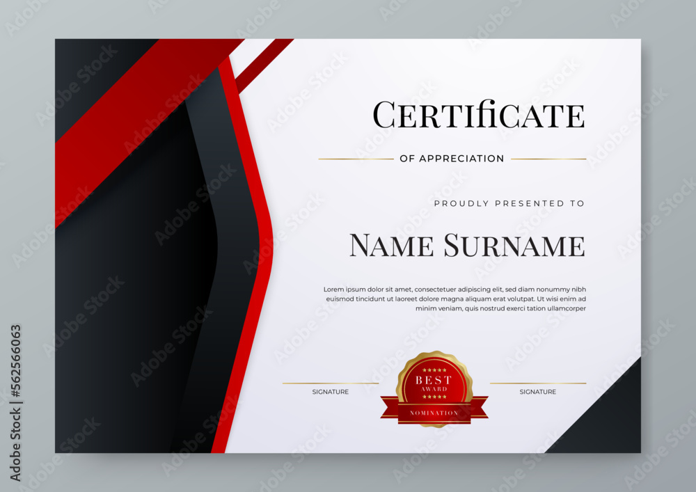 Modern premium award abstract black and red certificate design template ...