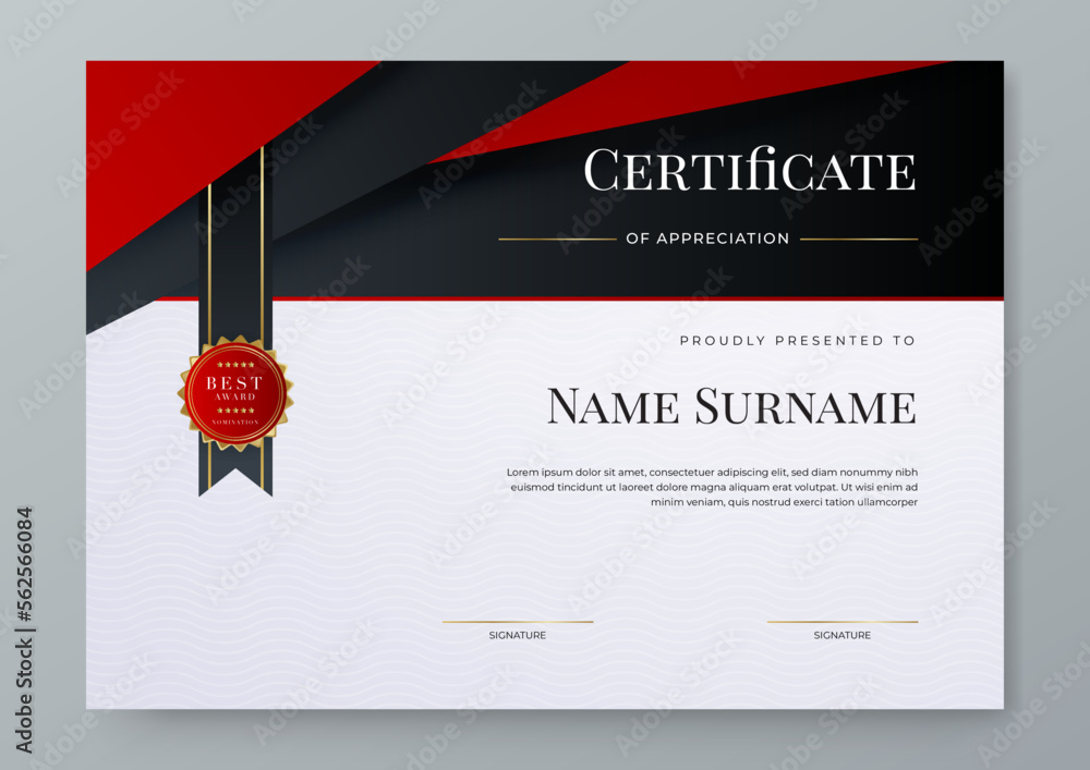 Modern premium award abstract black and red certificate design template ...