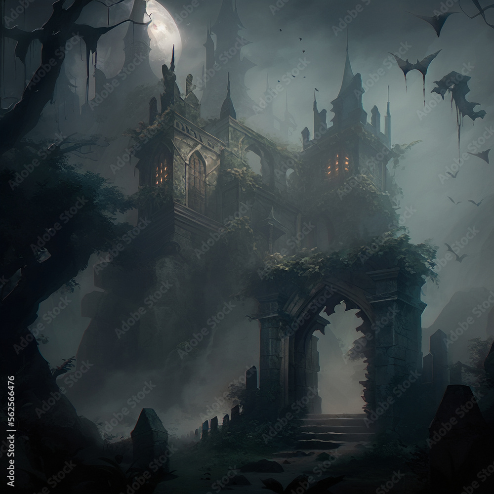 The surroundings of a gloomy Gothic castle in the fog. High quality illustration