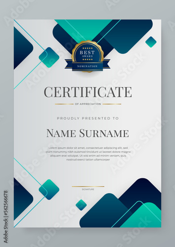 Modern premium award blue certificate design template in portrait landscape. Blue certificate of achievement template with badge for award, diploma, achievement, business, honor, elegant, document