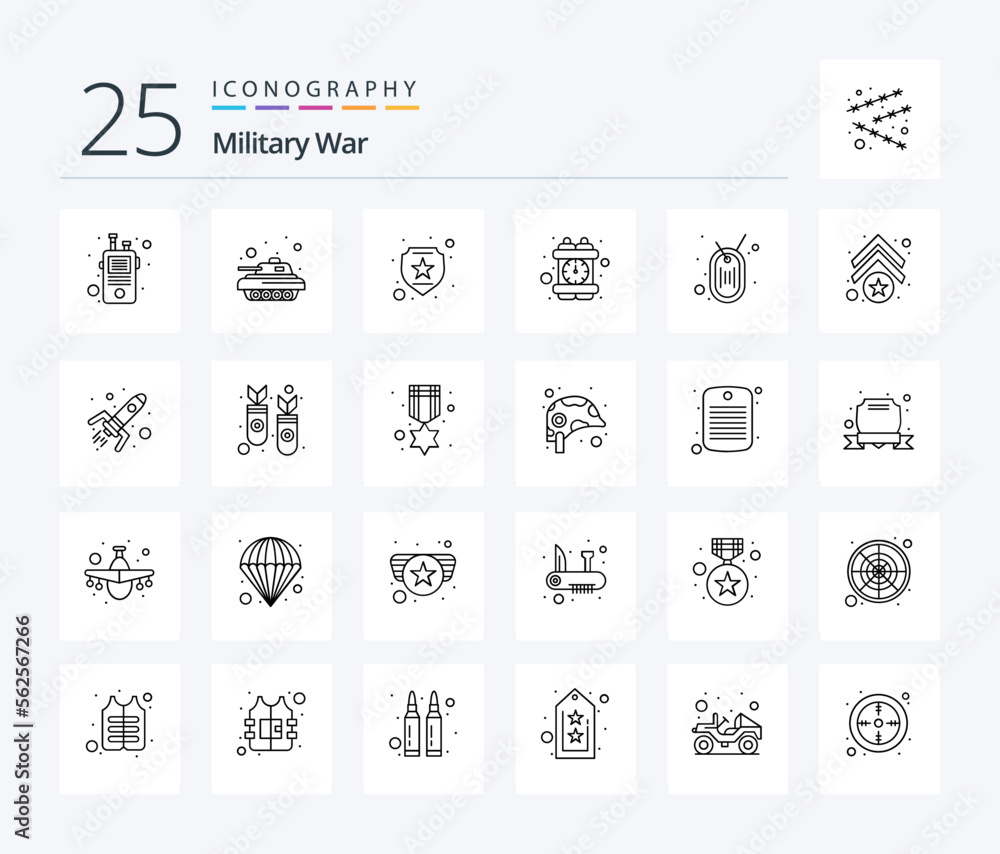 Military War 25 Line icon pack including badge. military. time bomb. crime