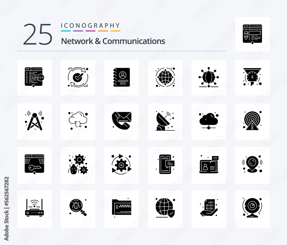 Network And Communications 25 Solid Glyph icon pack including business. global. reload. globe. user