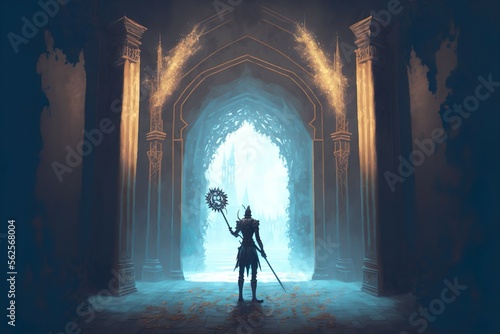 Digital Painting of A Man with a Spear Standing in Front of the Hallway to a Mysterious Castle Generative AI © Artistic