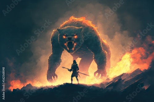 Digital Painting of A Man with a Flamethrower Fighting a Demon Bear Generative AI