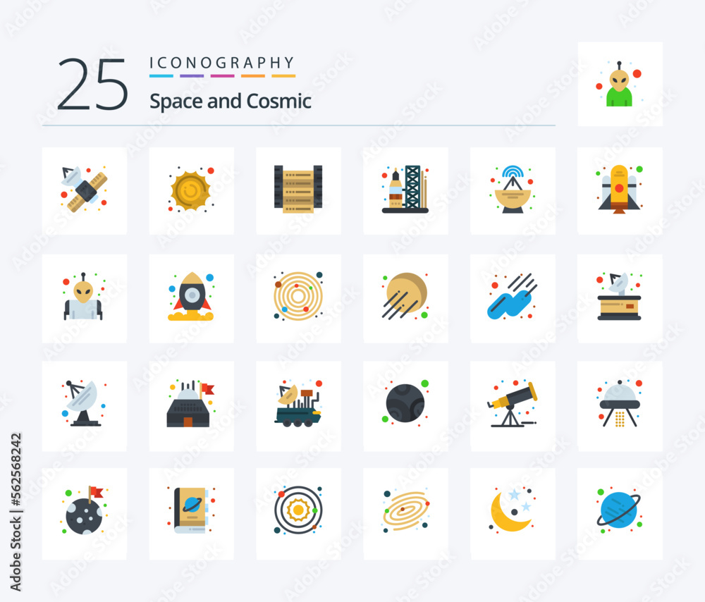 Space 25 Flat Color icon pack including antenna. transportation. space. rocket. servers