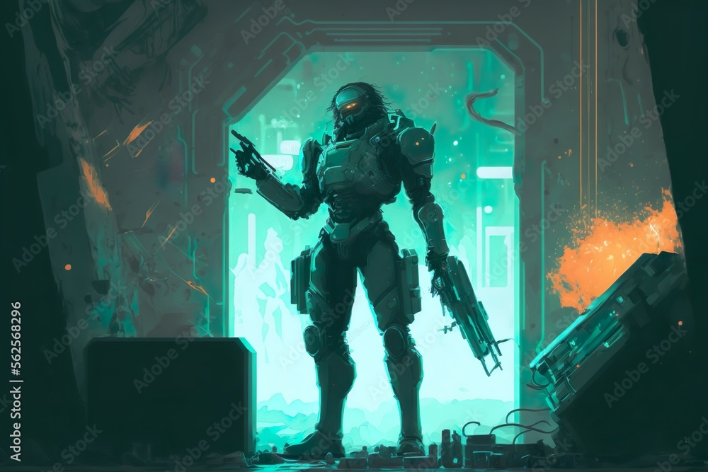 Digital Painting of A Super Soldier Holding a Futuristic Gun in a Laboratory Generative AI Digital Painting of A Super Soldier Holding a Futuristic Gun in a Laboratory Generative AI