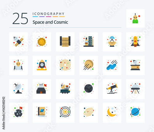 Space 25 Flat Color icon pack including antenna. transportation. space. rocket. servers