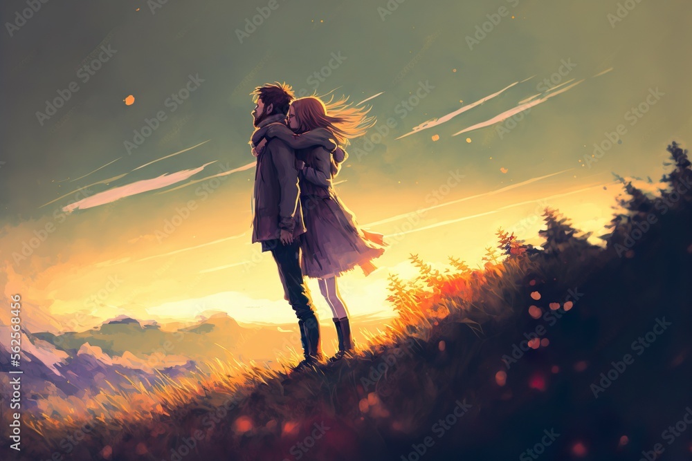 Anime Couple looking at Sunset, Anime Digital Art illustration for background  wallpaper. Generative AI Stock Illustration