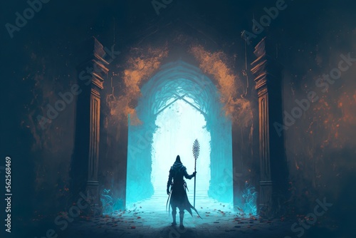 Digital Painting of A Man with a Spear Standing in Front of the Hallway to a Mysterious Castle Generative AI © Artistic