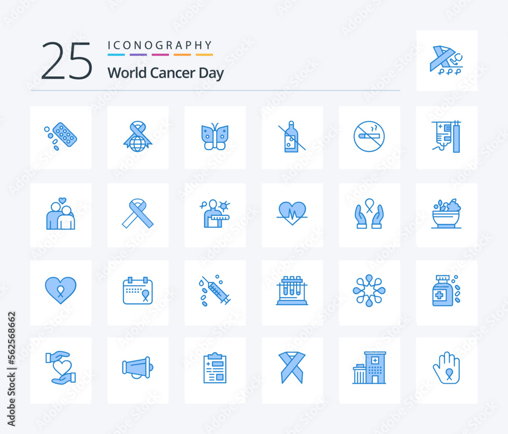 World Cancer Day 25 Blue Color icon pack including no smoking. whiskey. butterfly. no. alcohol