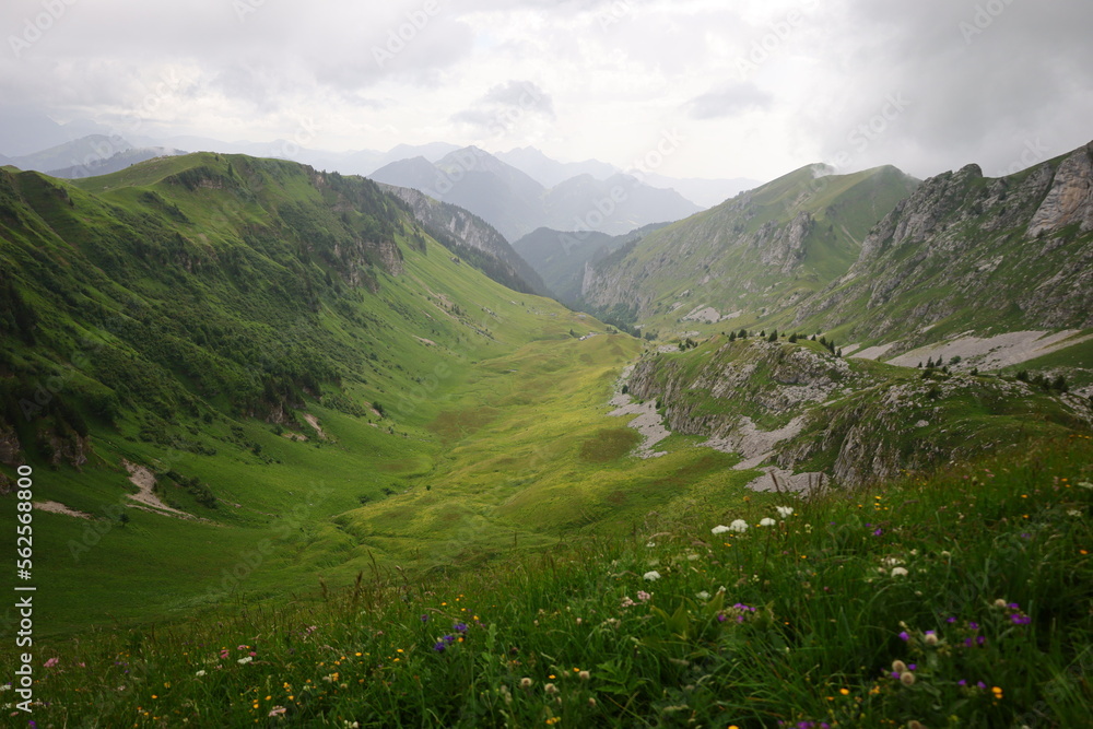 View from the Château d'Oche which is a mountain in the Chablais Alps in Haute-Savoie, France