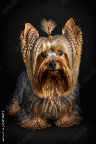 Generative AI of an illustration of a full body yorkshire terrier dog in photographic studio, realistic image with black background