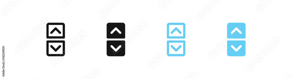 Down and up buttons icon. Two arrow symbols. Elevator signs. Opposite symbol. Downward button in square icons. Black and blue color. Vector sign. Down and up buttons icon. Two arrow symbols. Elevator signs. Opposite symbol. Downward button in square icons. Black and blue color. Vector sign.