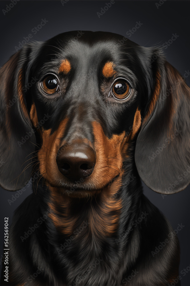 Generative AI portrait illustration of a dachshund dog looking at the camera, realistic image with black background