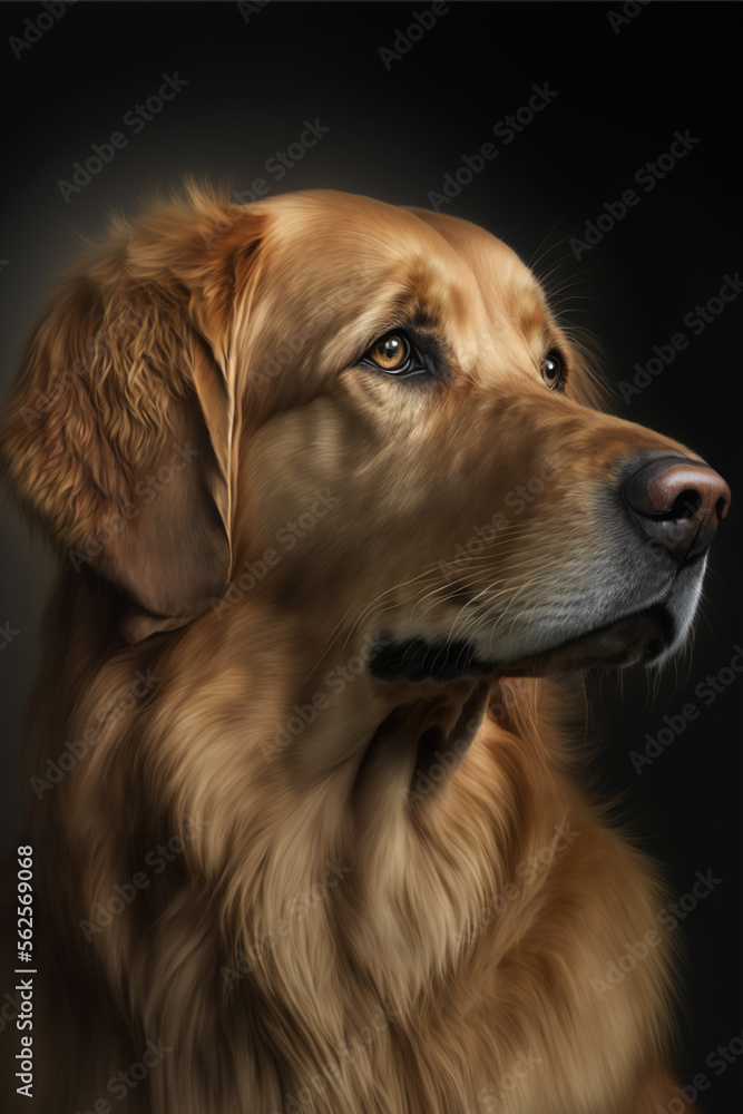 Generative AI portrait illustration of a cute golden retriever dog, realistic image with black background