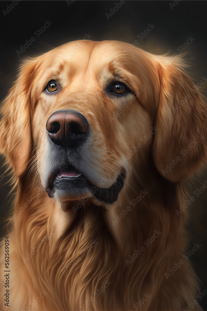 Generative AI illustration of a golden retriever dog, realistic image with a black background Generative AI illustration of a golden retriever dog, realistic image with a black background