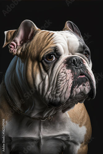 Generative AI illustration of purebred pug dog with collar, realistic image with black background