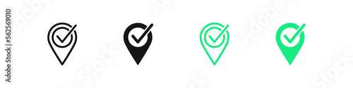 Check mark pin icon. Location geo point symbol. Correct local signs. Right marker symbols. Mission complete icons. Black and green color. Vector sign.