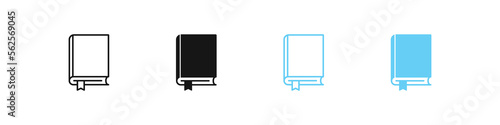Book with bookmark icon. Library symbol. Literature signs. Dictionary for school, and university symbols. Bible icons. Black and blue color. Vector sign.