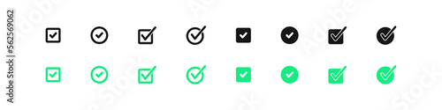 Check mark icon. A checkmark in circle and square symbol. Tick signs. Right choice button symbols. Correct checklist icons. Black and green color. Vector sign.