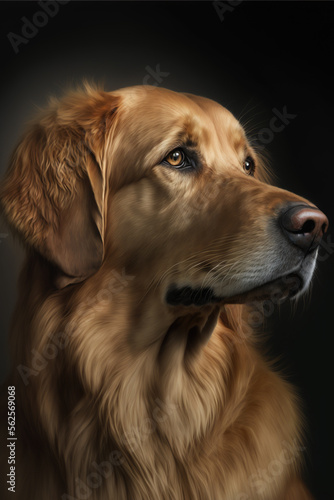 Generative AI portrait illustration of a cute golden retriever dog, realistic image with black background