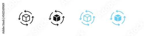 Rotate cube icon. Four arrows symbol. 360 rotate signs. Repeat reload square symbols. Return icons. Black and blue color. Vector sign.