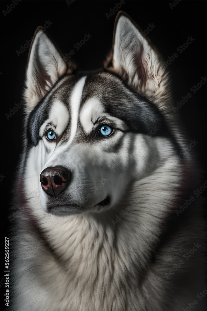 Generative AI of an illustration of a blue eyes siberian husky dog, realistic image with black background
