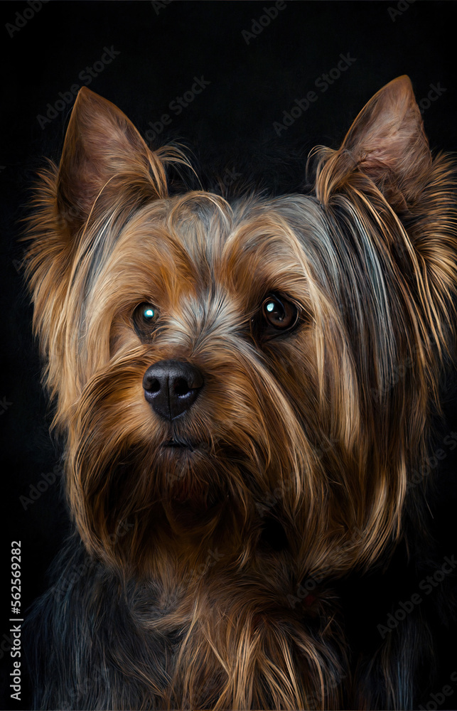 Generative AI of a portrait illustration of a yorkshire terrier dog in photographic studio, realistic image with black background