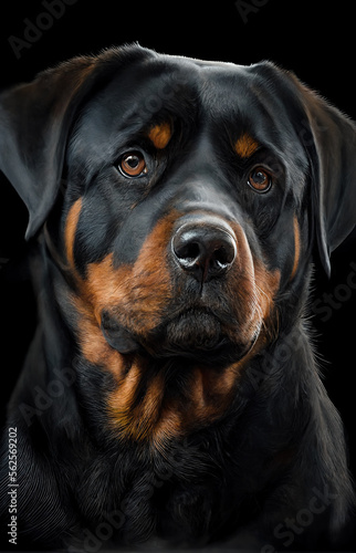 Generative AI of an illustration of a cute rottweiler dog in a photo studio, realistic image with black background