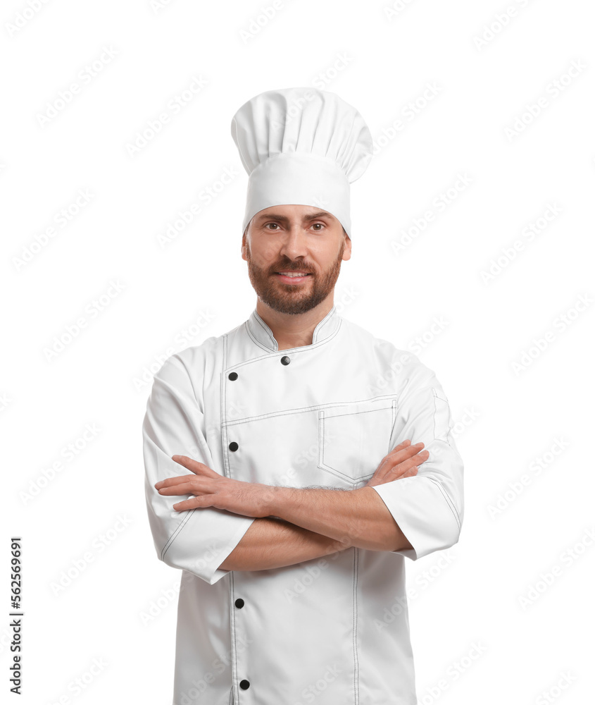 Smiling mature male chef on white background Smiling mature male chef on white background