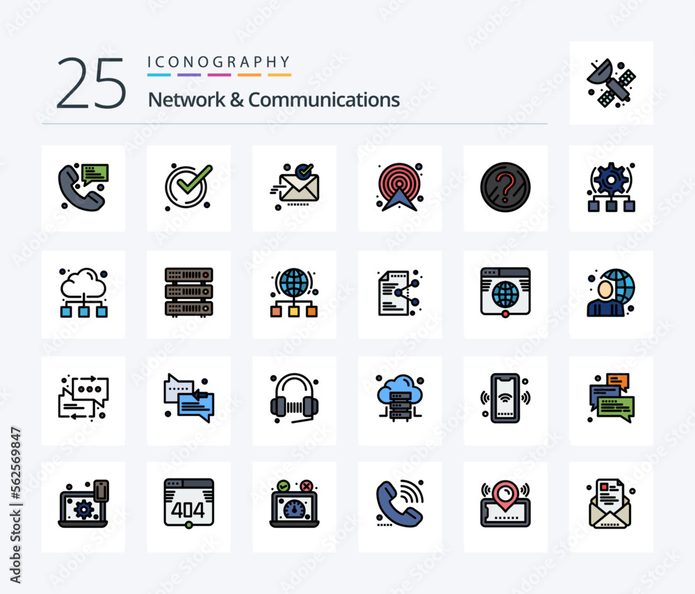Network And Communications 25 Line Filled icon pack including map. target. acknowledge. arrow. ok